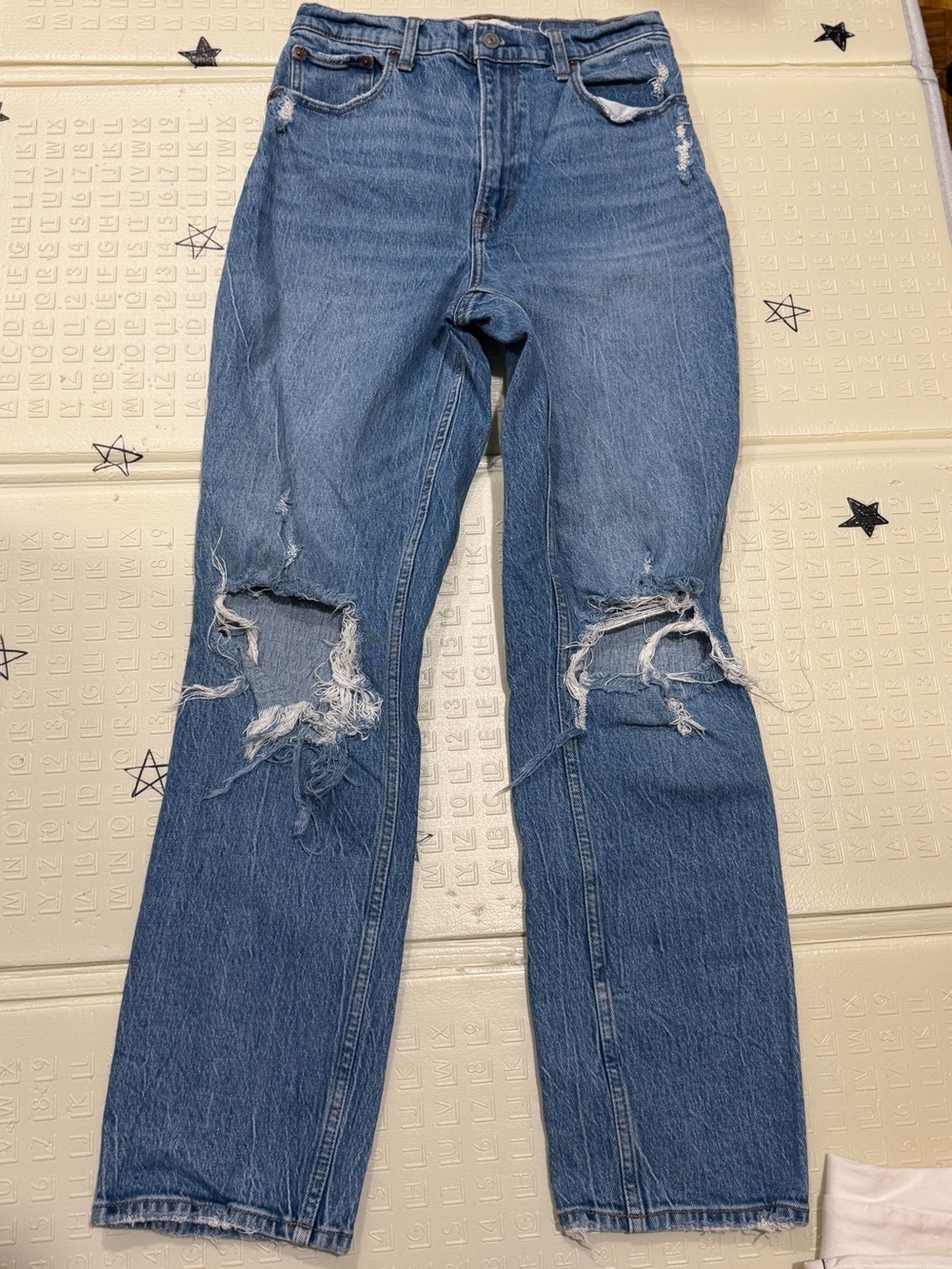 Abercrombie & Fitch Distressed Straight-Leg Jeans - Medium Blue